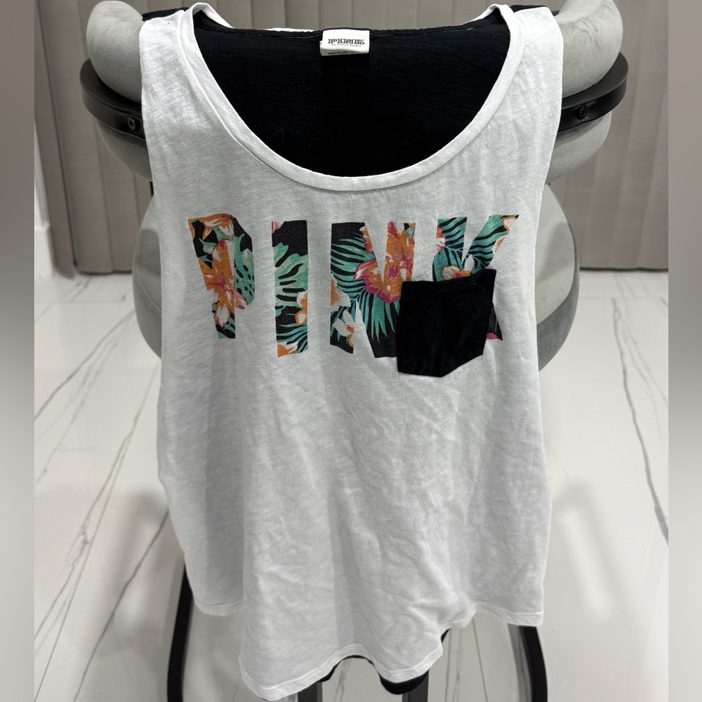 PINK Victoria's Secret White Tank Top with Floral Letters